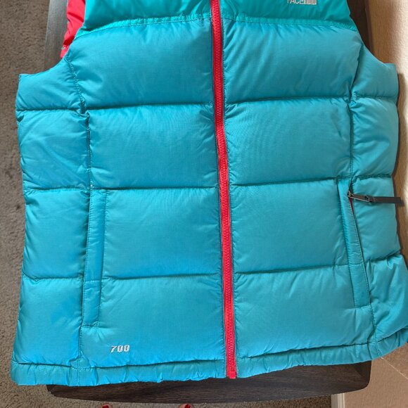 The North Face TNF Teal Blue Pink 700 Nuptse Down Puffer Vest Jacket Women Sz L - Picture 3 of 4